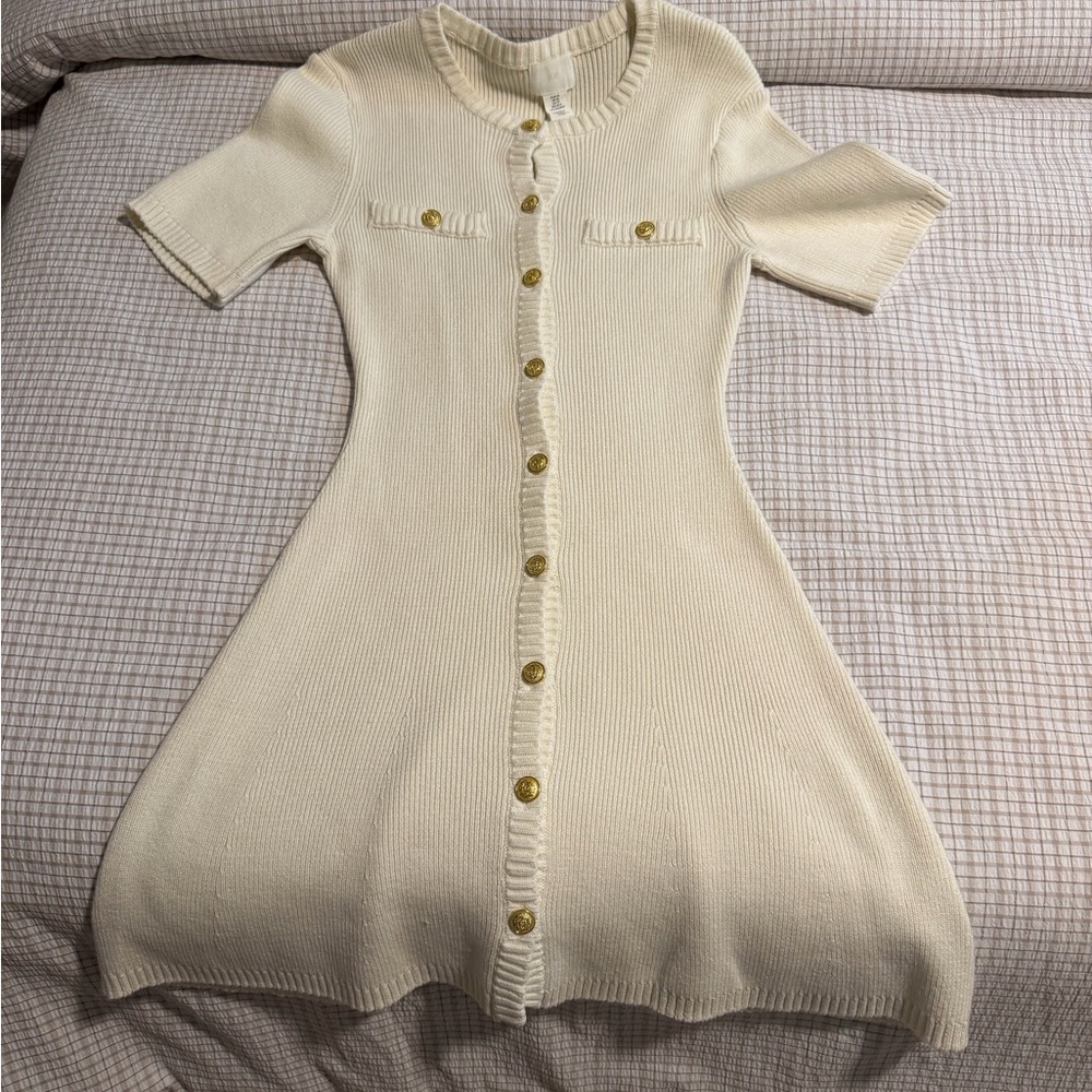 H&M Cream Ribbed Knit Button-Front Mini Dress - Picture 2 of 12